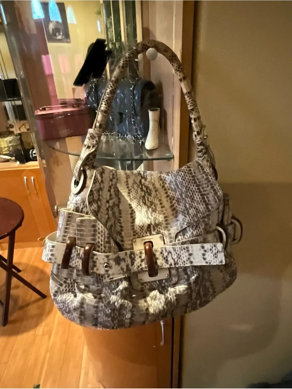 Salvatore Ferragamo Cream and Brown 100% real snake skin Shoulder Bag